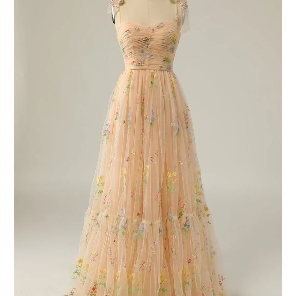 Tan and Pink Spaghetti Strap Maxi Gown